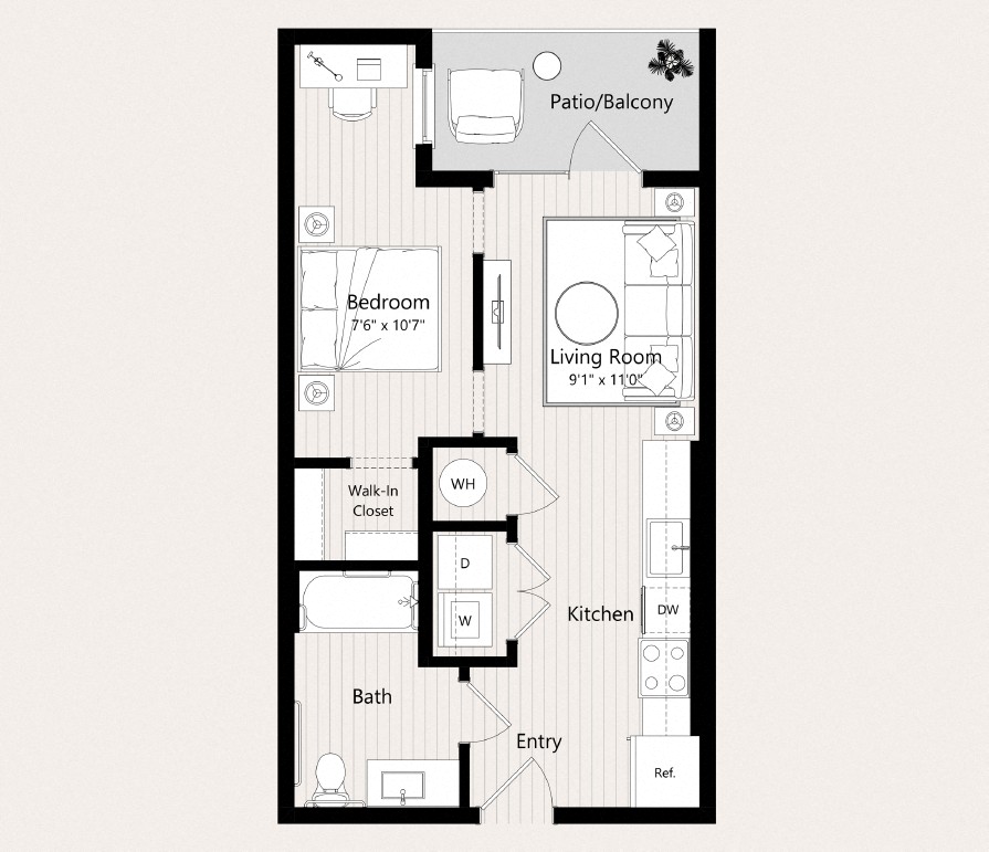 Floor plan for studio, 1 bath, 521 sqft